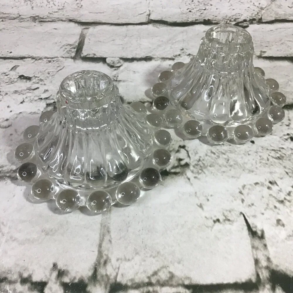 Vintage MCM Clear Glass Candlestick Holders Set‎ Of 2 Classic Tapers Elegant